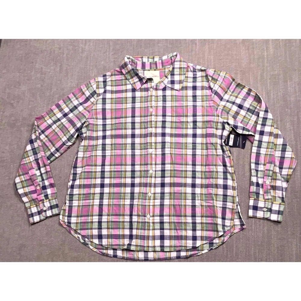 Lucky Brand Shirt Womens Medium Multicolor Plaid Pleated Side Slit Button Up